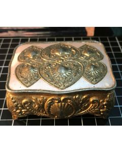 Vintage Gold Tone Heart Lined Metal Decorative Trinket Jewelry Box