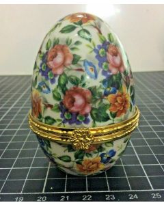 Vintage Porcelain Ceramic Floral Hand Painted Egg Shaped Hinged Trinket Box