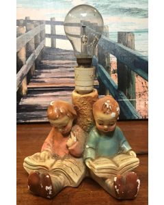 Vintage Ceramic Boy and Girl Reading Figurine Desk Lamp