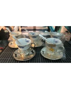 Vintage Lot of 5 Cinderella's Ceramic Teacups Set with Silver Tone Saucers