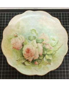 Vintage Hand Painted Plate With Pink Roses Signed by Artist Scalloped Edge