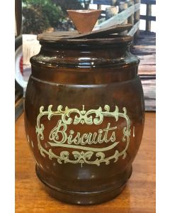 Vintage Amber Glass Barrel Shaped Biscuits Storage Jar Canister with Wooden Lid