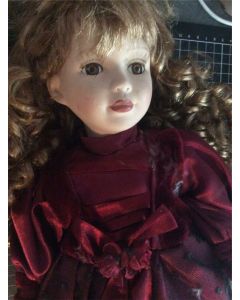 Vintage Victorian Porcelain Beautiful Curly Haired Doll in Maroon Dress