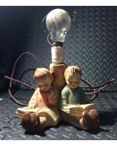 Vintage Lamp, Porcelain, Boy and Girl Sitting Reading