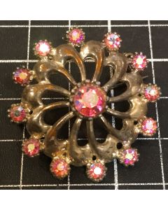 Vintage Flower Shaped Brass Tone with Pink Stone Badge Pin