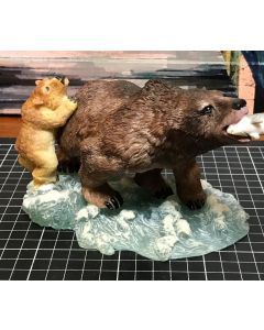 Vintage Grizzly Bear and Cub Catching Fish in Waves Figurine