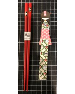 Vintage Red Wooden Chopsticks and Japanese Paper Doll with Box