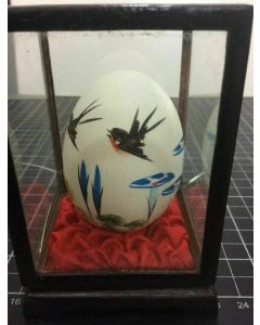 Vintage Japanese Hand Painted Porcelain Egg in Glass Wood Frame Display Box Case