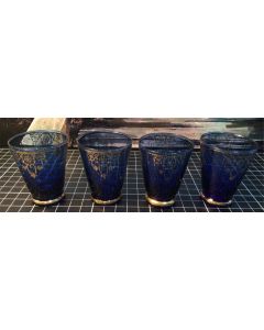 Lot of 4 Vintage Mid Century Blue Gold Barware Short Drinking Glasses