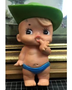 Vintage Rubber Baby Squeaky Toy Boy Large Green Hat Kewpie Style Made in Taiwan