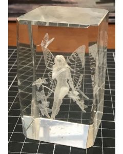 Vintage Laser Etched Fairy Sitting with Flowers Clear Glass Block 3D Paperweight