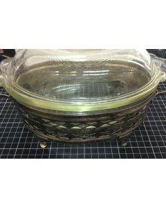 VINTAGE 1950’s CLEAR GLASS AGEE PYREX OVAL CASSEROLE DISH EPNS LEWBURY CRADLE