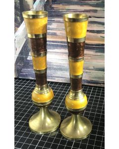 Set of 2 Vintage Brass Brown/Yellow Tall Candlestick Holder