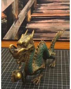 Exquisite Oriental Imperial Dragon Sculpture: Brass with Striking Green Accents